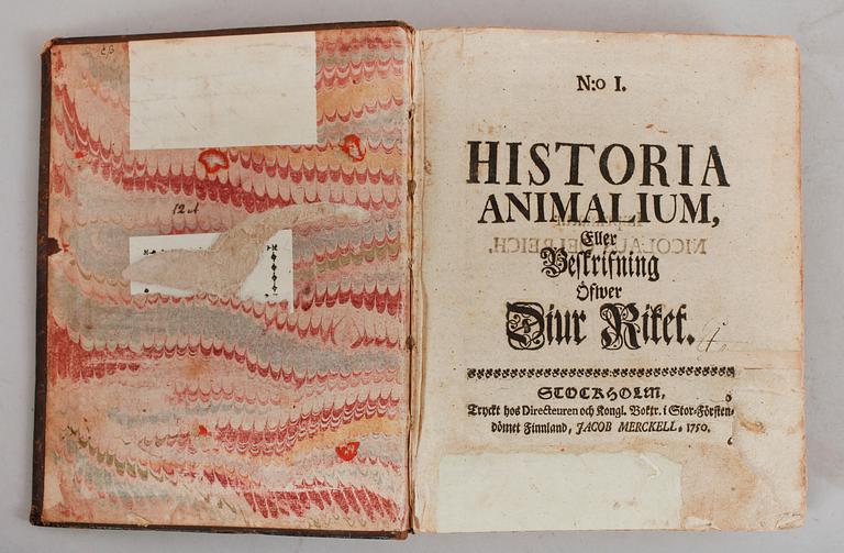 BOK: Historia Animalium eller Beskrifning öfwer Djur Riket, tryckt 1750 hos Jacob Merckell, Finland.