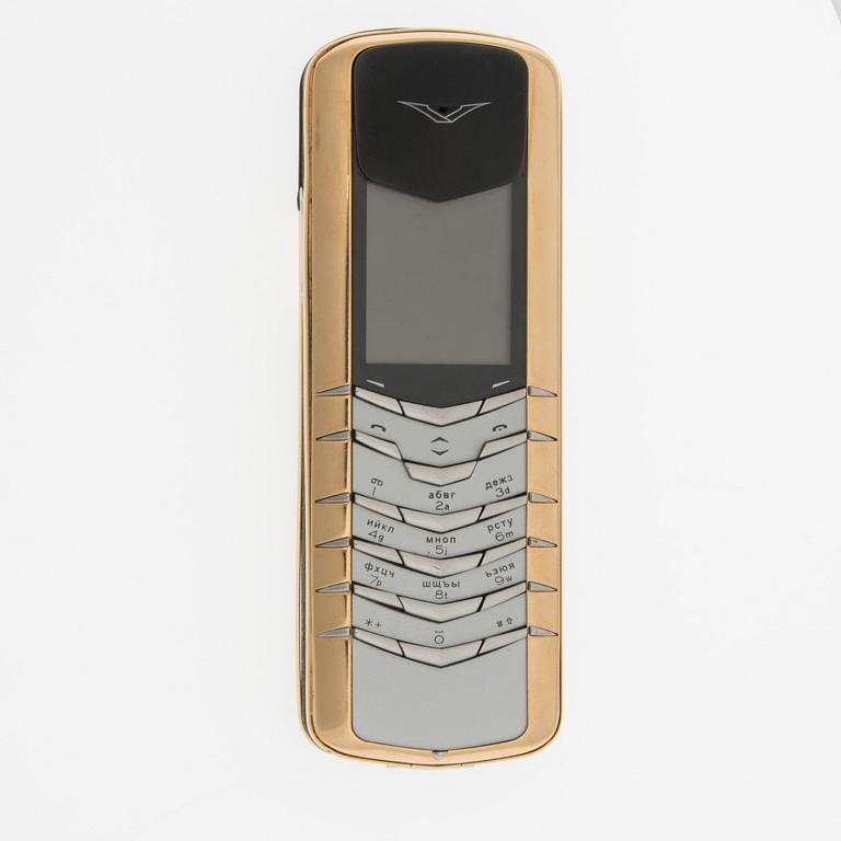 MOBILTELEFON, Vertu, stål/guld, manual, laddare, adapter.