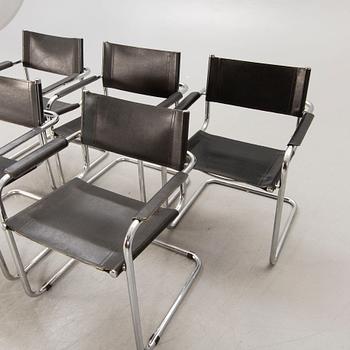 A set of five similar Italian 1970s chrome and leather armchairs.