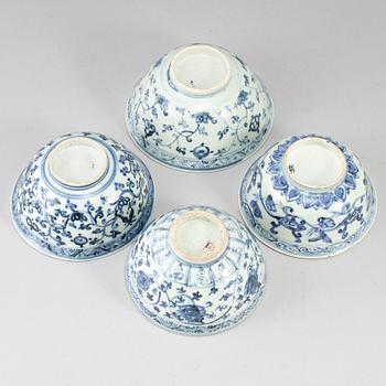 A group of five blue and white South East Asian ceramic bowls, 18th-20th Century.
