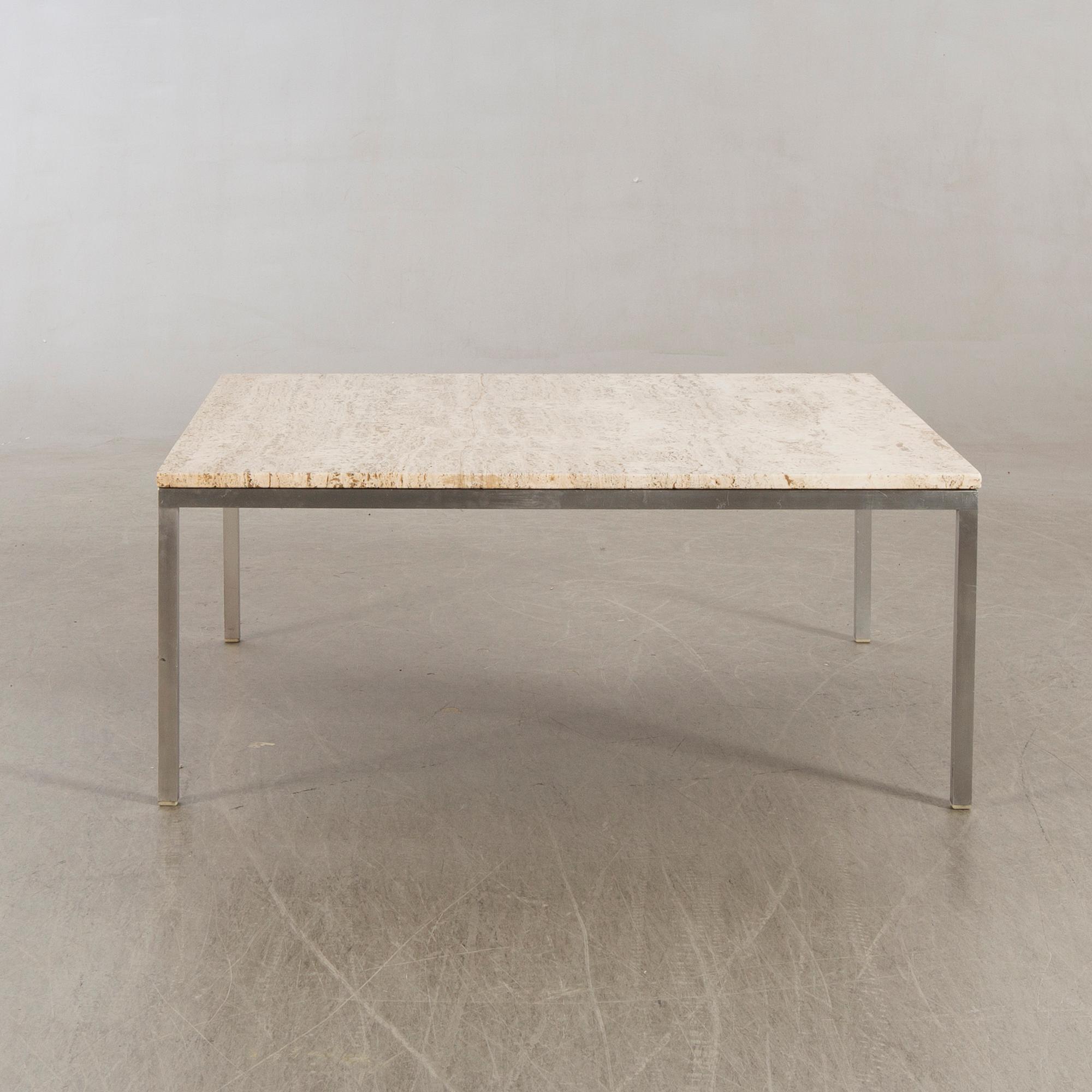 Coffee table, 1960s-70s, travertine, steel.