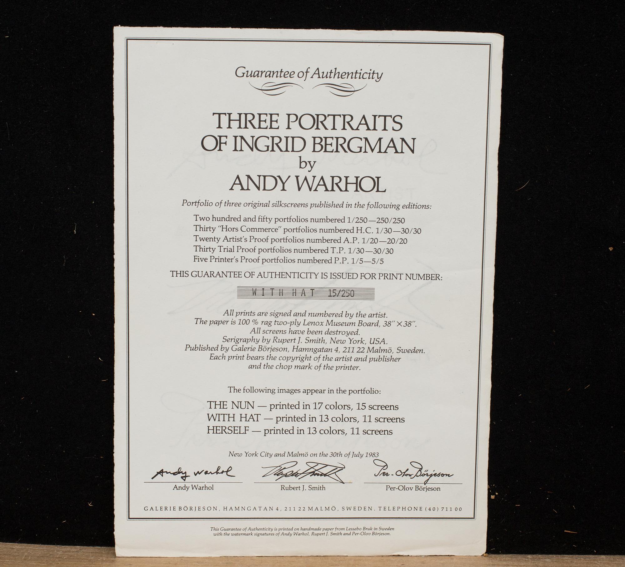ANDY WARHOL, "With hat" ur "Three portraits of  Ingrid Bergman by Andy Warhol"  silkscreen signerad och numerad 15/250.