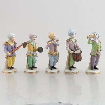 Five porcelain figurines, Sitzendorf, Germany, early 20th Century.