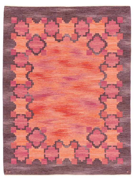 Judith Johansson, a carpet, "Rosengård", flat weave, ca 264 x 199 cm, signed JJ EE.