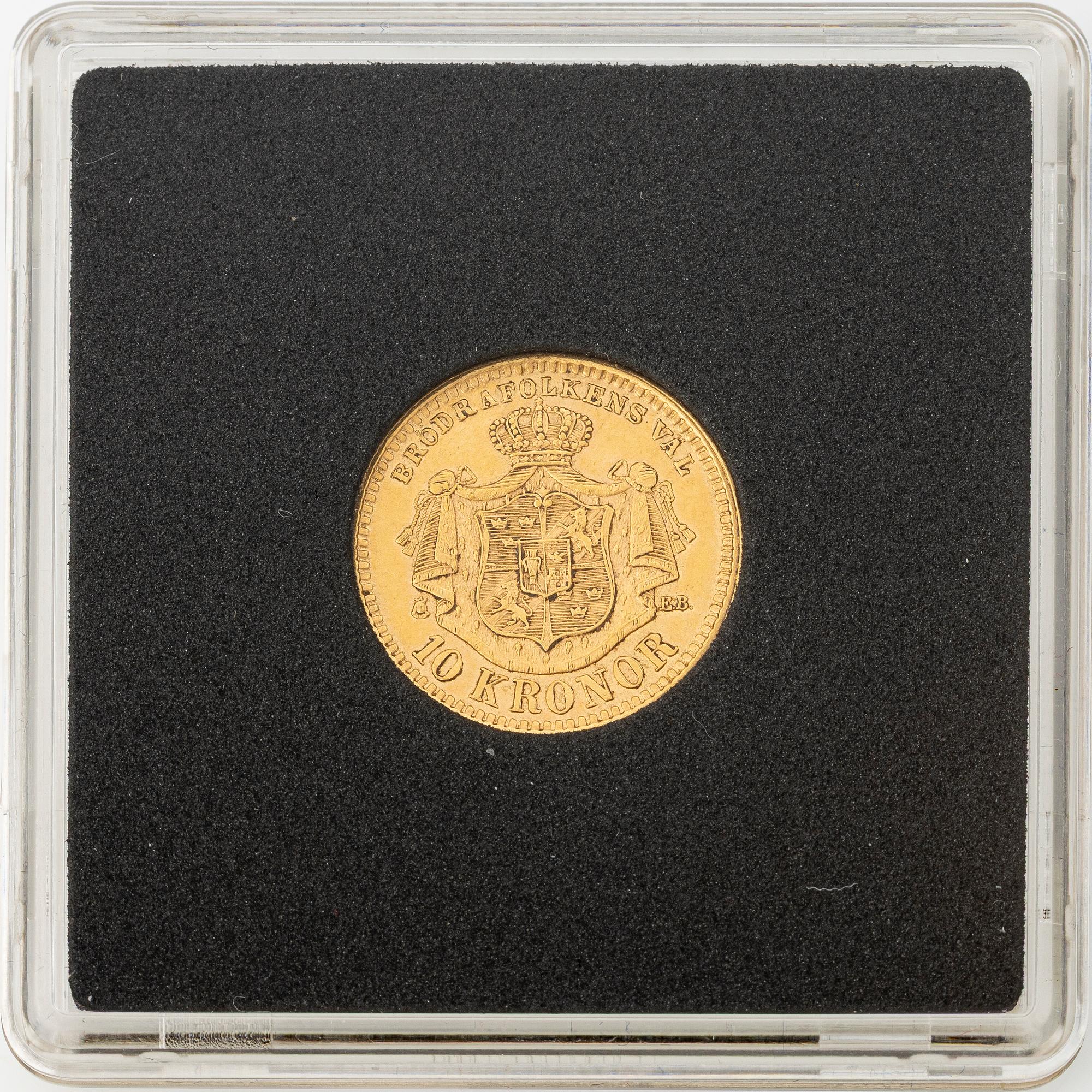 Gold coin, Oscar II, 10 kronor, type II, Sweden 1876.