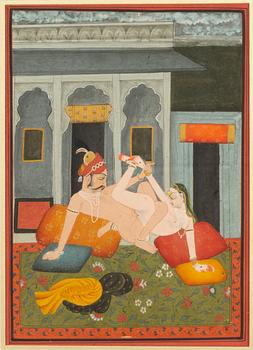 Unidentified artist, Erotic scenes, India, 20th century. Two pieces.