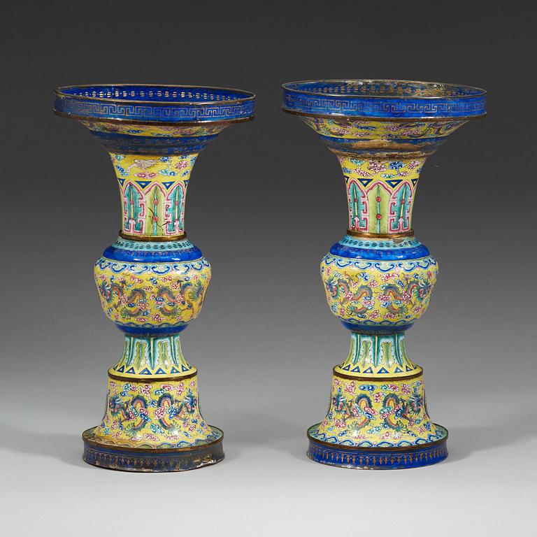 A pair of enamel on copper vases, Qing dynasty, 19th Century.