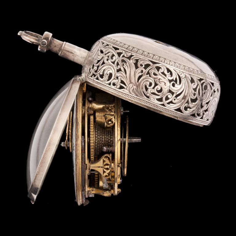 FICKUR, spindelur med slag, ytterboett och boett silver, Le Count, London, 1700-tal.