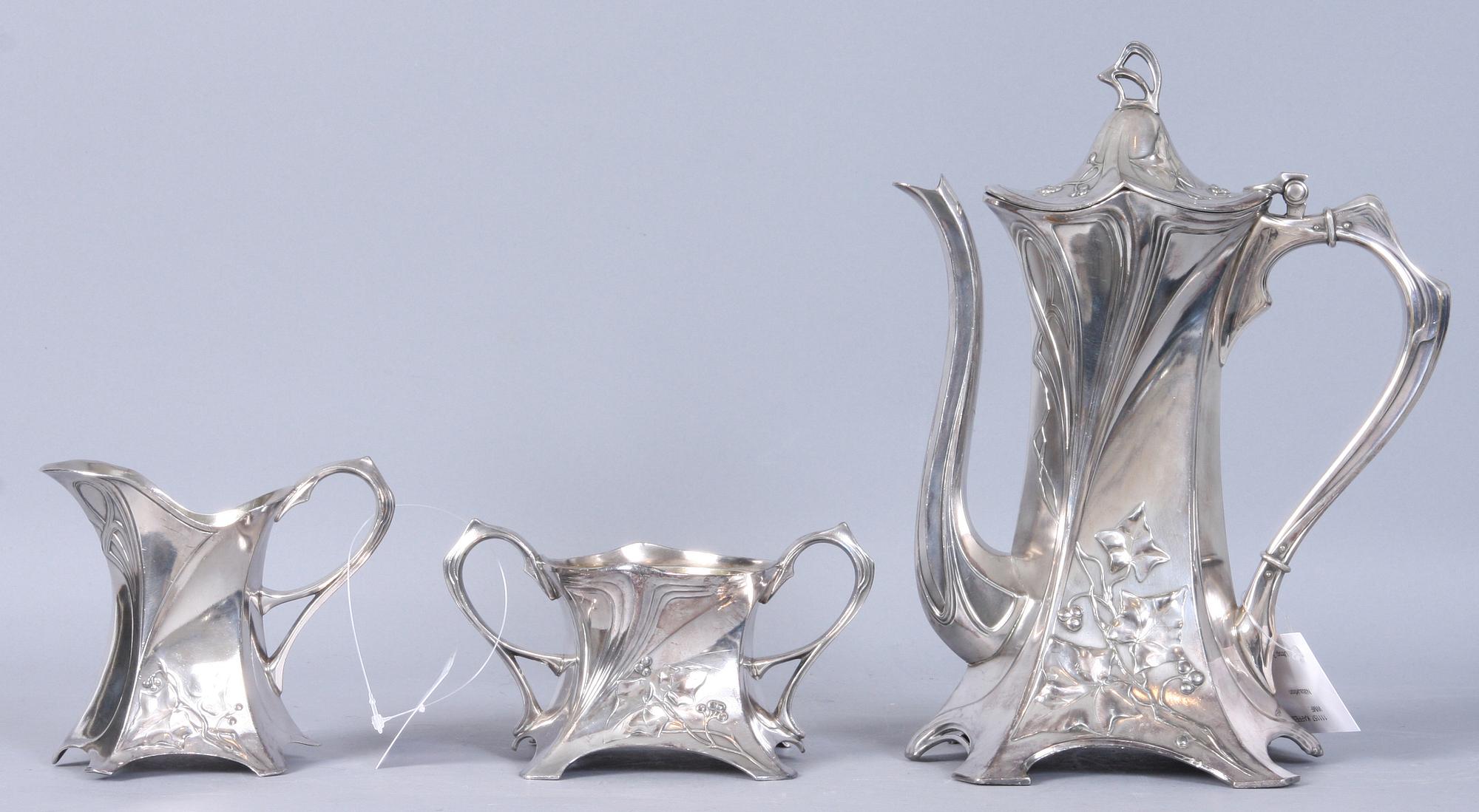 KAFFESERVIS, 3 del, vitmetall, WMF, jugend 1900-talets första hälft.
