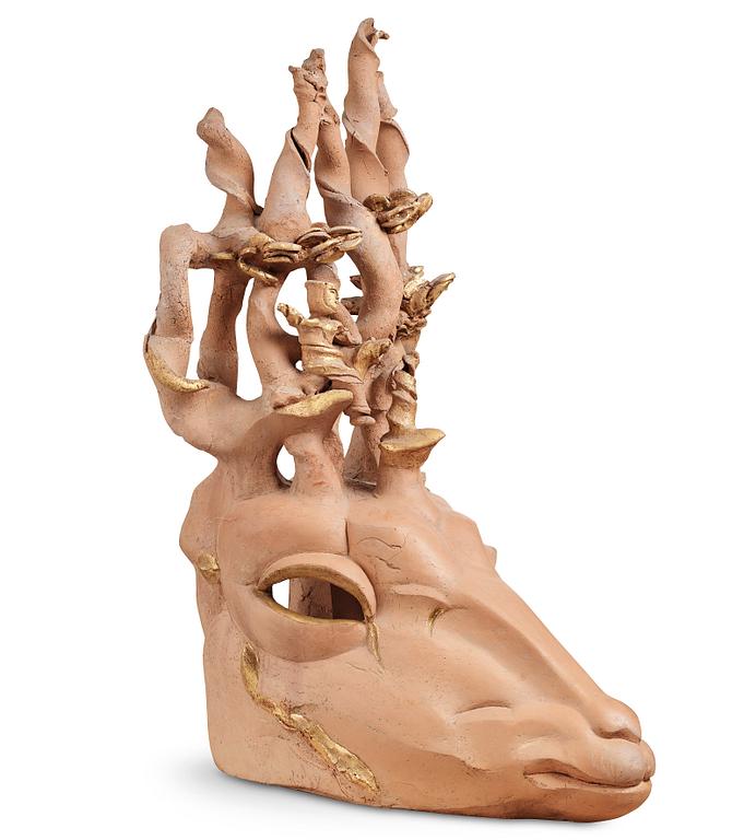 Hertha Hillfon, a ceramic sculpture of a deer's head, executed in her own workshop, Sweden, dated -79.