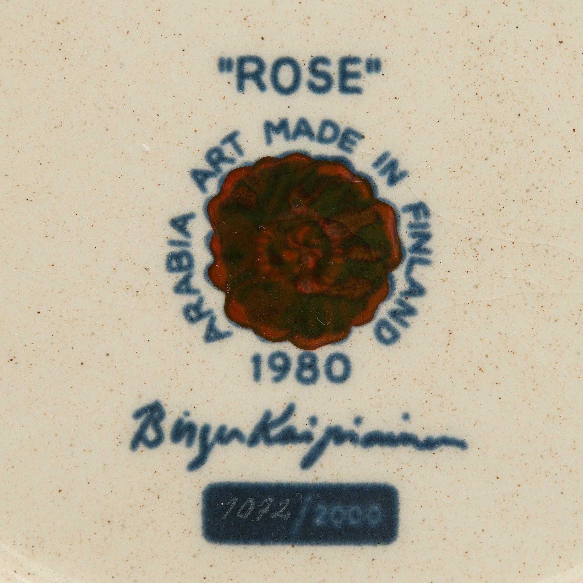Birger Kaipiainen, a decorative ceramic 'Rose' plate, marked Arabia 1980 Made in Finland, and numbered 1072/2000,