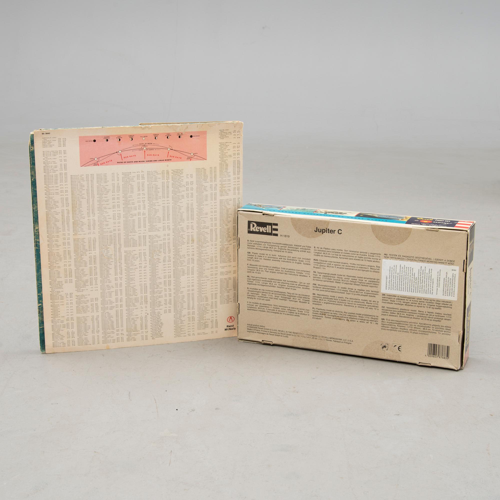 A "Jupiter C" model kit, Revell 1958/2006 and "Official Map of the Moon" by Rand McNally, 1960s/70s.
