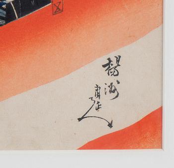 Toyohara Chikanobu, triptyk, färgträsnitt. Japan, sent 1800/tidigt 1900.tal.