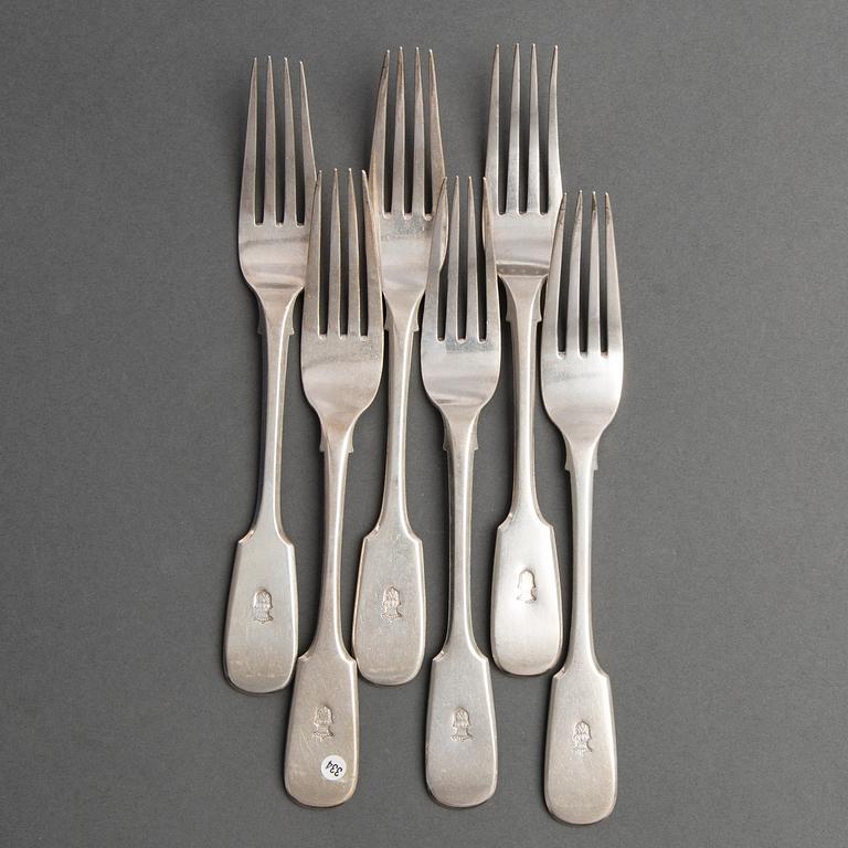 A set of six silver dinner forks, Saint Petersburg 1859-1860, C.J. Tegelsten's widow.