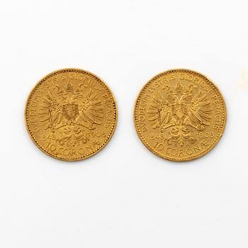 Gold coins 2 pcs, Austria, 10 Corona 1846-1908.