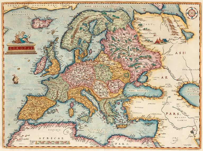 Abraham Ortelius, Ur: Theatrum Orbis Terrarum" (6). Världskarta, Europa, Asien, Afrika, Amerika samt porträtt. 1579.