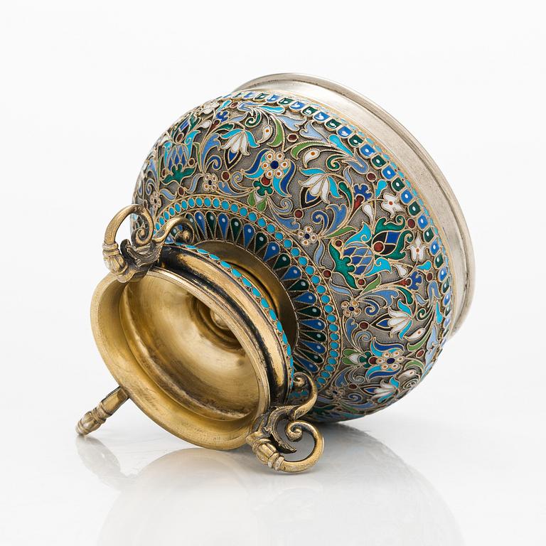 Ovchinnikov, a footed cloisonné enamel parcel-gilt bowl, Imperial warrant mark, Moscow 1896.