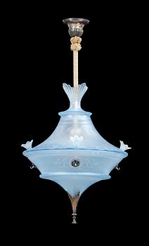 A Simon Gate light blue glass and silver plate chandelier by Orrefors, ca 1925.