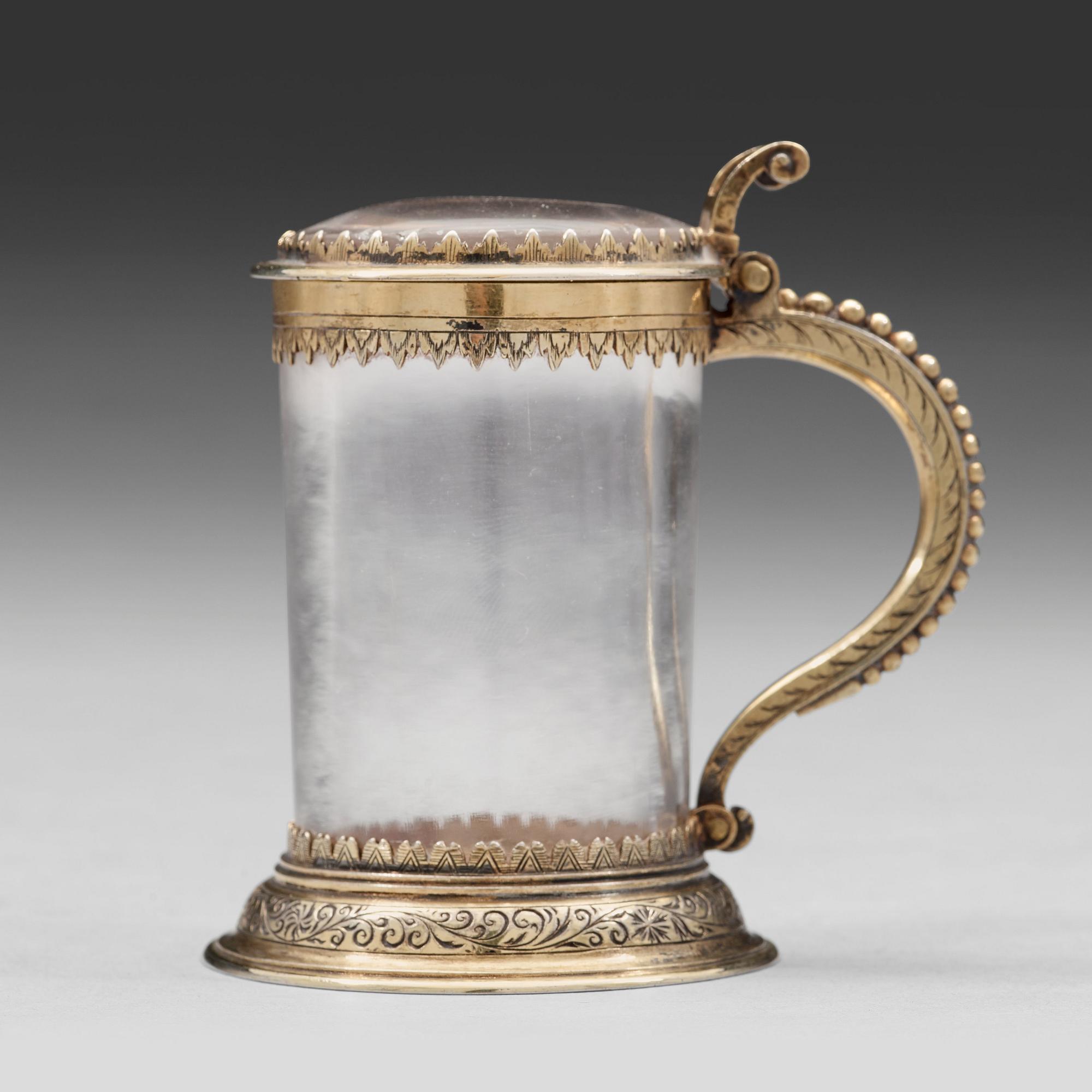 Miniatyrdryckeskanna, ostämplad, förgyllt silver och bergkristall, Tyskland 1600-talets förra hälft, barock.