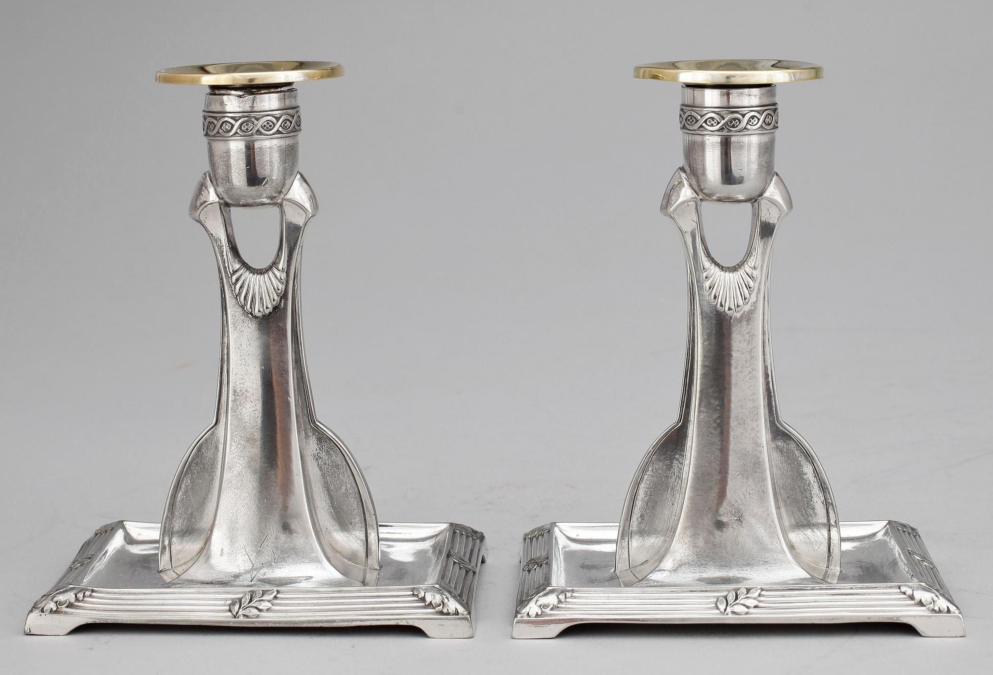 LJUSSTAKAR, 2 par, nysilver, Wurttembergische Metallwarenfabrik, jugend. Omkring 1900.