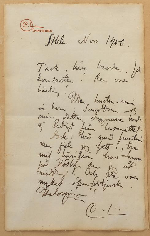 Carl Larsson, Handwritten letter of thanks, 1906.