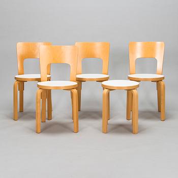 Alvar Aalto, tuoleja 4 kpl, malli 66 ja jakkara  malli E60, 1900-luvun loppu.