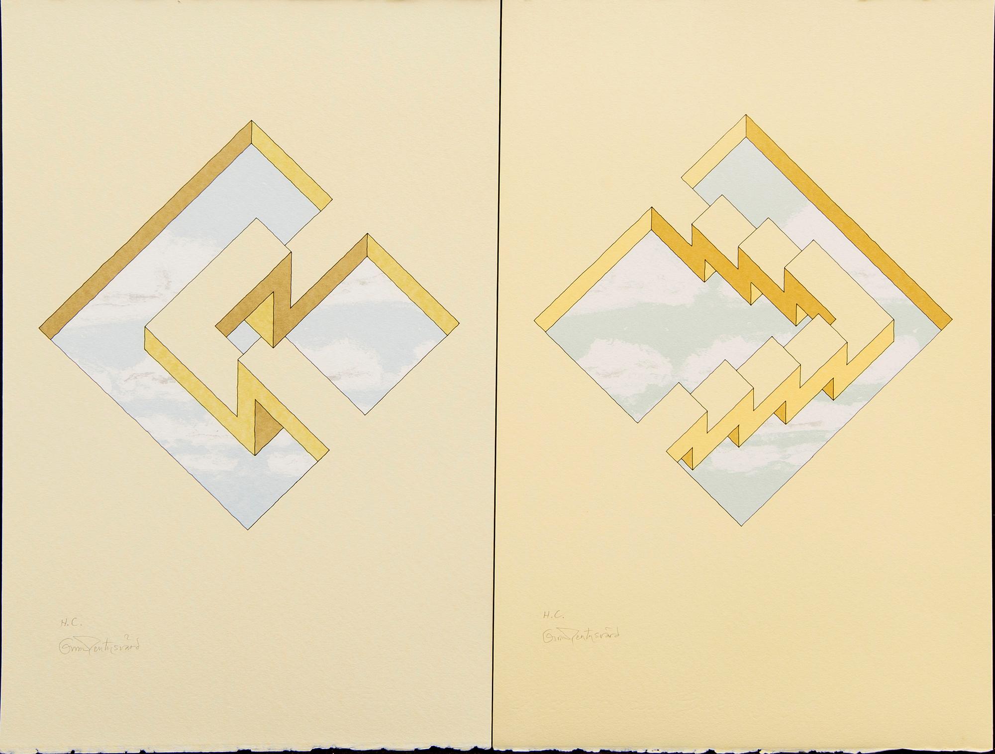 Oscar Reutersvärd, four colour lithographs, signed HC and EA.