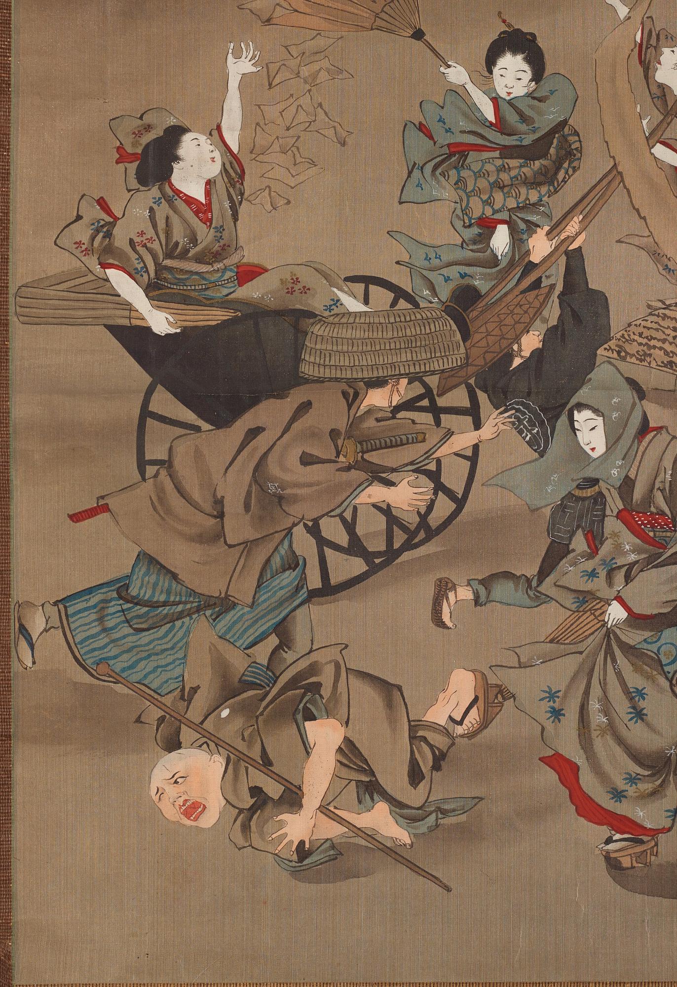RULLMÅLNINGAR, sex stycken, tusch och färg på papper. Japan, Meiji (1868-1912).