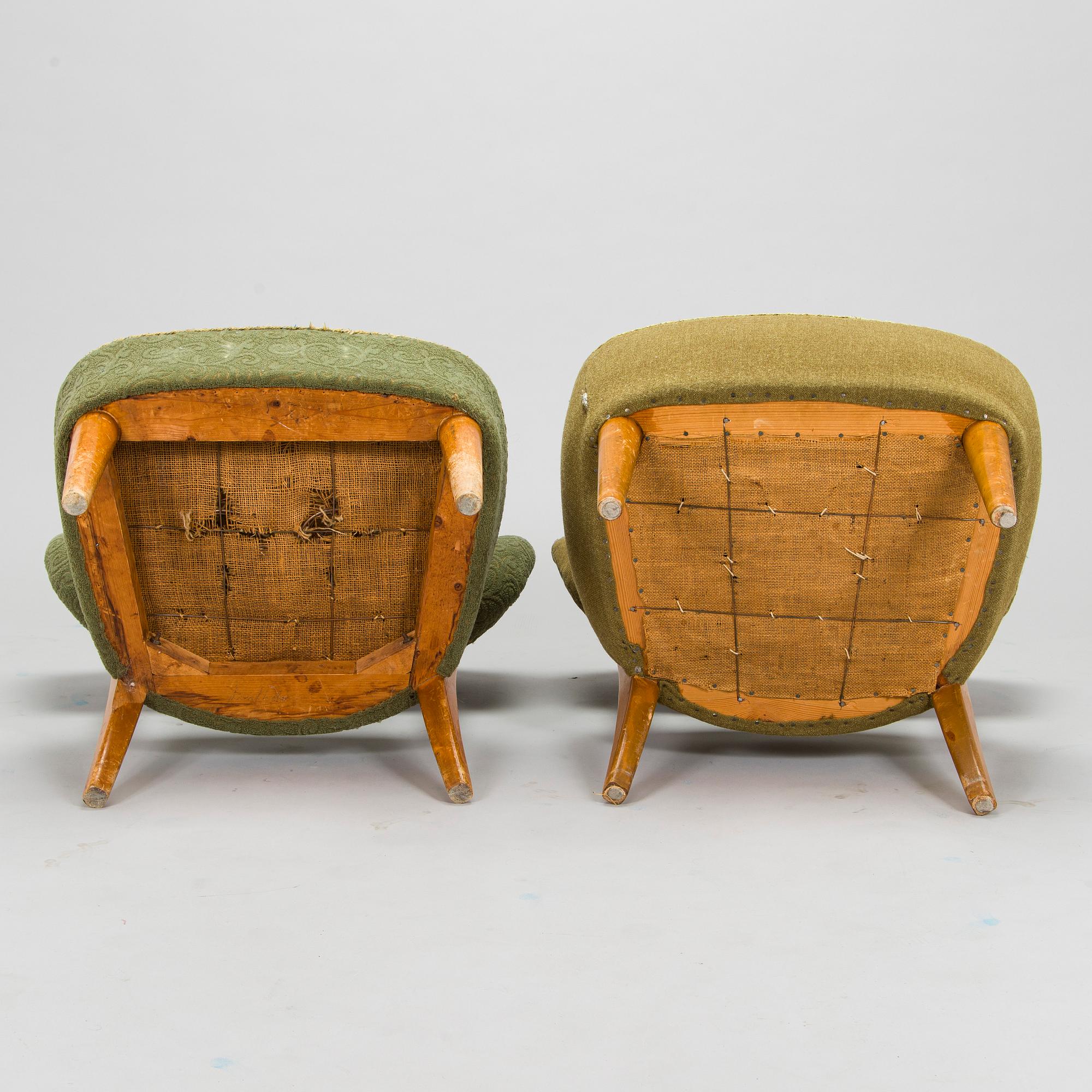 Lisa Johansson-Pape, fåtöljer, 2 st, "Handarbetsstolen" tillverkare Oy Stockmann Ab, Kervo Snickerifabrik, 1940-tal.