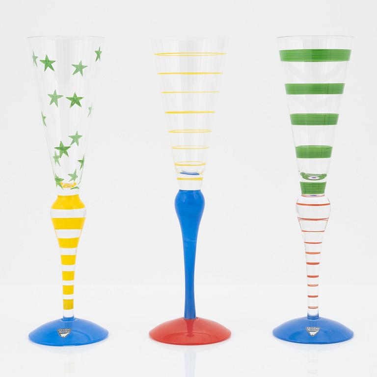 Anne Nilsson, six 'Clown' champagne glasses, Orrefors.