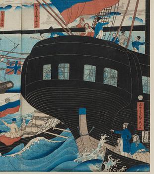 FÄRGTRÄSNITT, pentatyk, Utagawa Sadahide (1807-1873), "Yokohama koeki seiyojin kamotsu unso no zu".