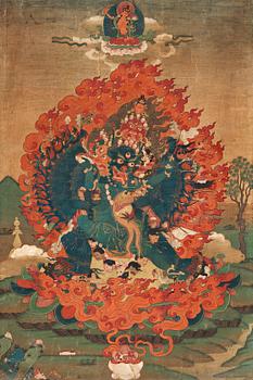 A fine thangka in Karma Gadri style of Yamantaka Vajrabhairava, Tibeto-Chinese, 17th/early 18th century.