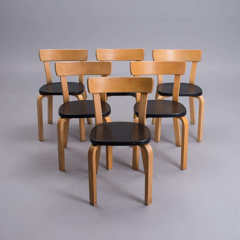 ALVAR AALTO, stolar, 6 st, modell 69, Artek 1900-talets mitt.