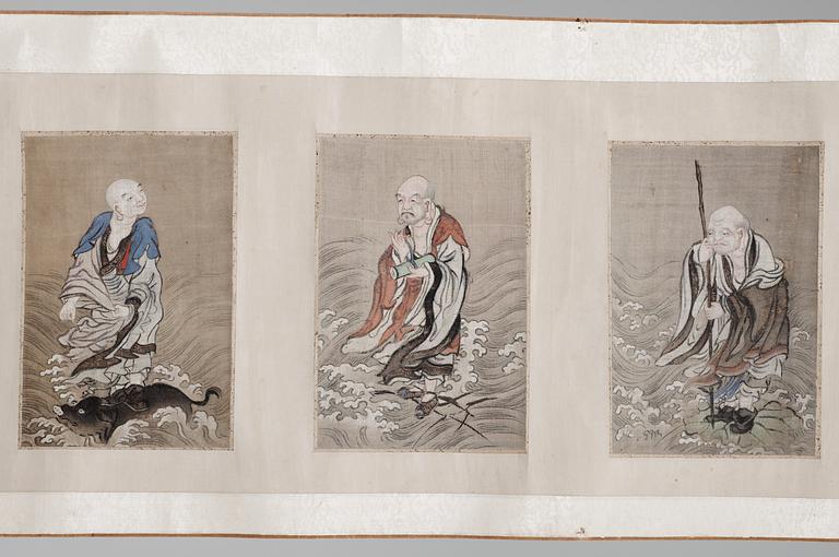 A scroll with 18 paintings representing the 18 Lohans, Qing dynasty, anonymous artist.