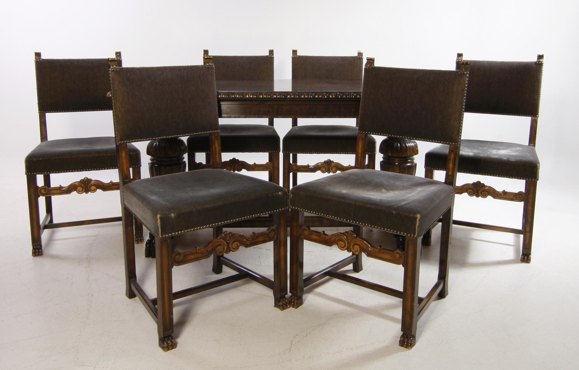 MATSALSGRUPP, 7 delar. 1930/40-tal. Bord samt stolar, 6 st.