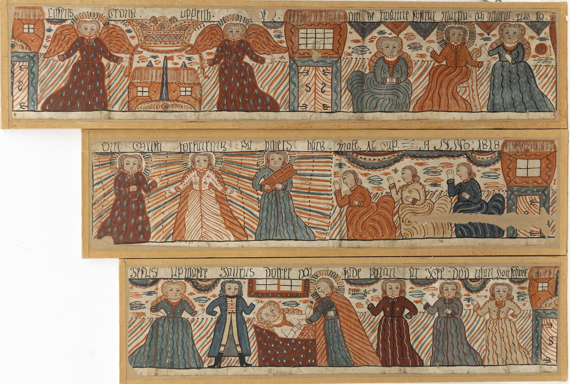 Textile paintings, Southern Sweden, 3 parts 19th century.