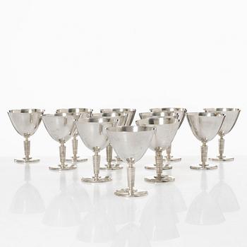 Guldsmedsaktiebolaget (GAB), a set of twelve silver plated cocktail glasses, mid-20th Century.