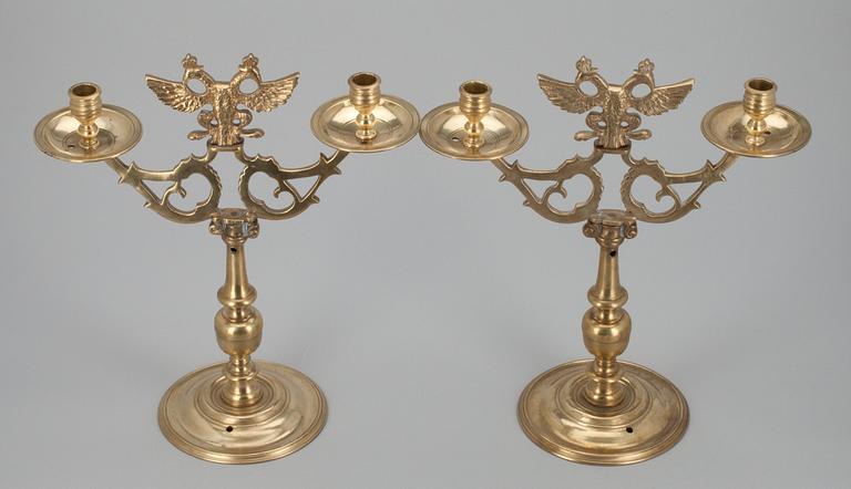 A PAIR OF TWO-LIGHT CANDELABRA.