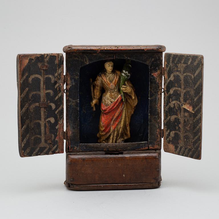 AN ALMSBOX/ALTAR CUPBOARD, painted wood, probably 17th century.