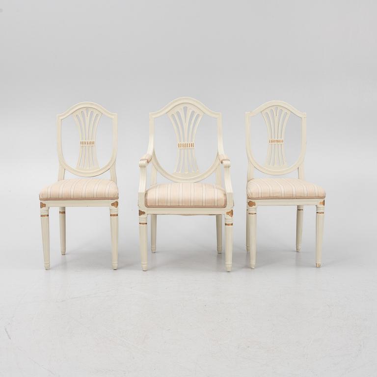 A pair of Gustavian chair and an armchair, Sweden, 19th century.