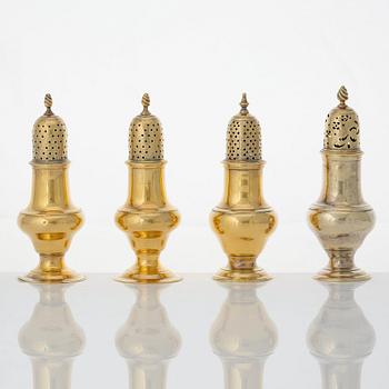 Four English 18th century silver-gilt caster-cruet, one pair marked Thomas Shepherd, 1790, one John Delmester 1760,