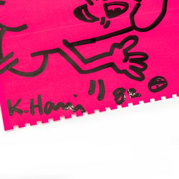 KEITH HARING, drawing on Shafrazi pink cover. Signed and dated - 82.