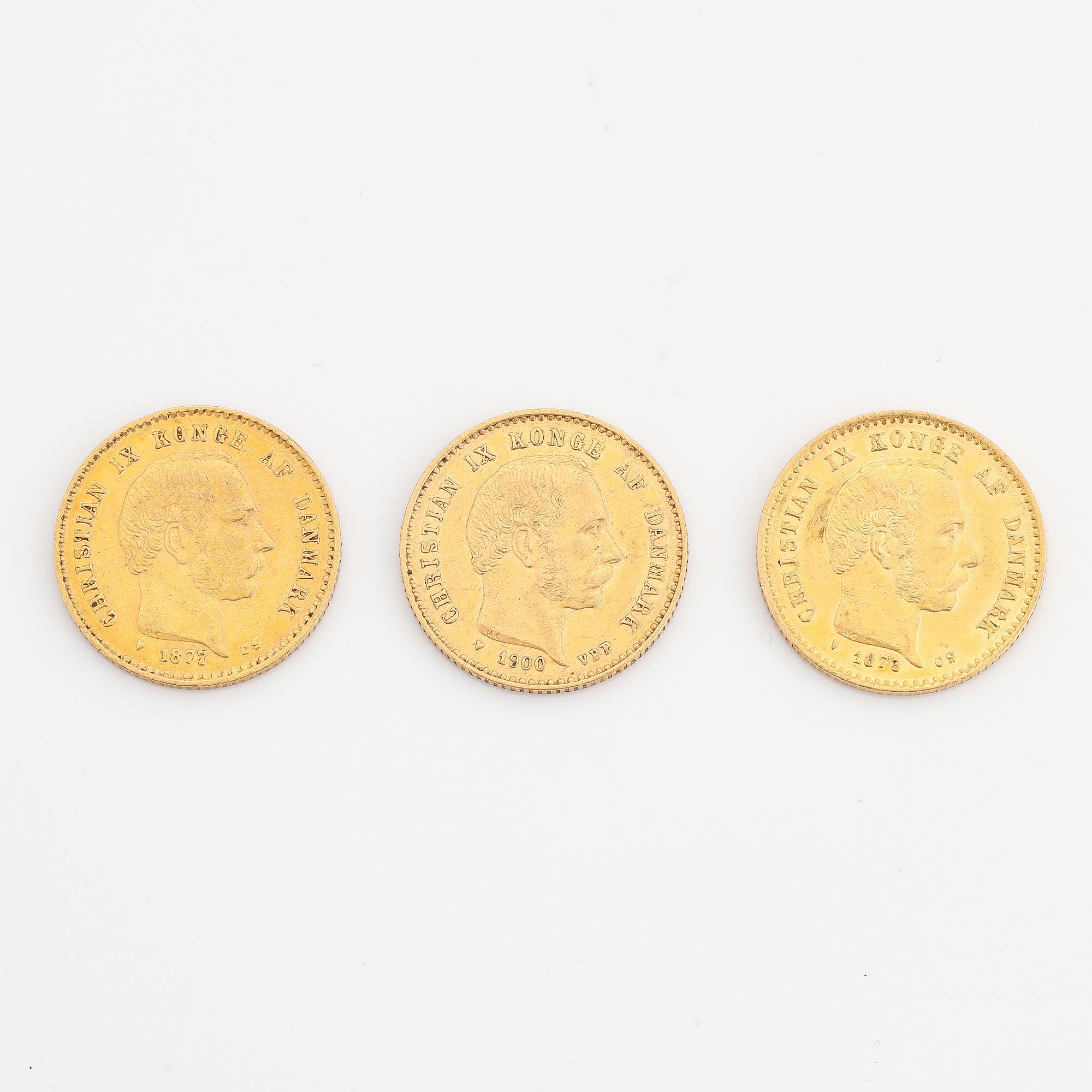 Christian IX, guldmynt 3 st, Danmark, 10 kr, 1873, 1877 och 1900.