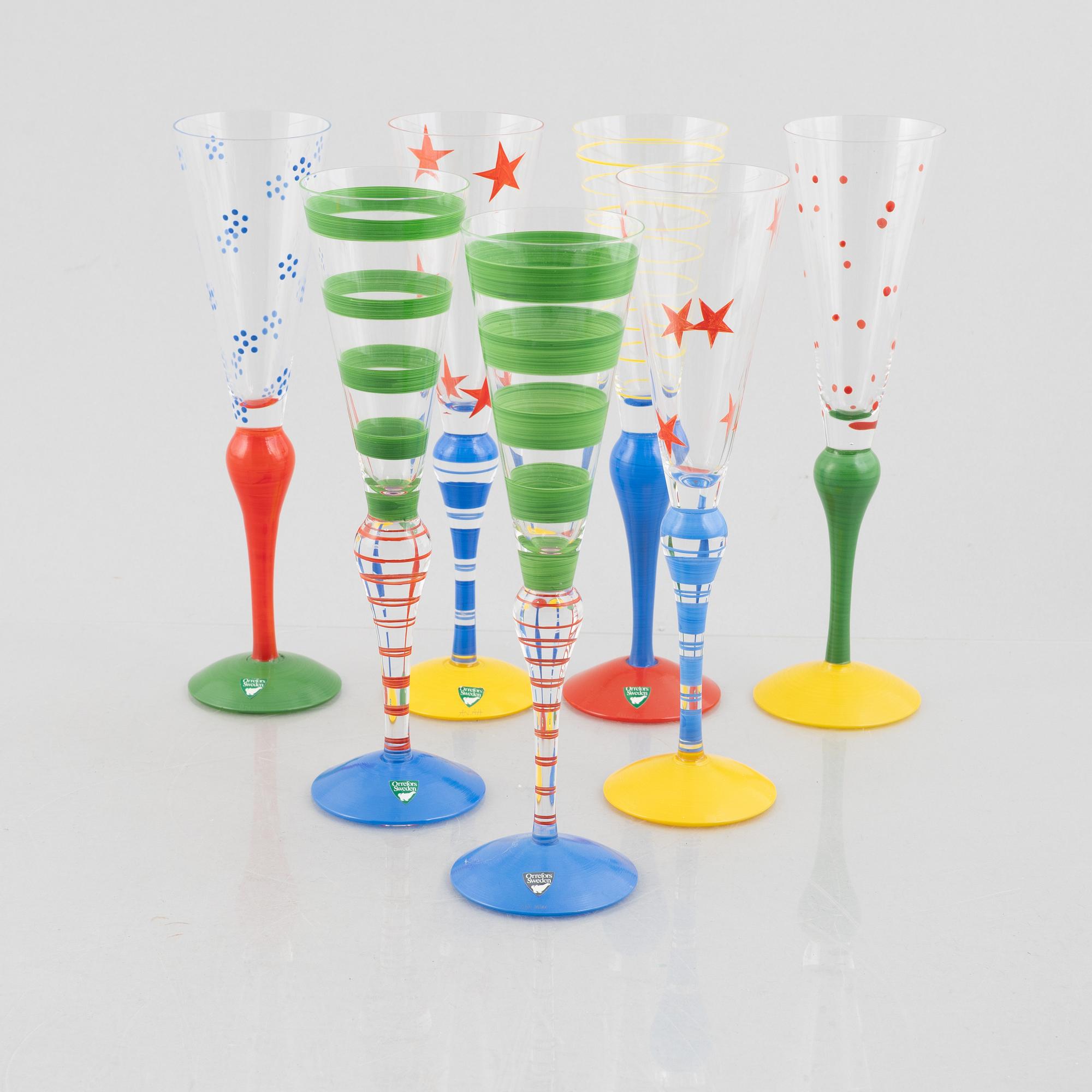 Anne Nilsson,  seven 'Clown' champagne glasses, Orrefors.