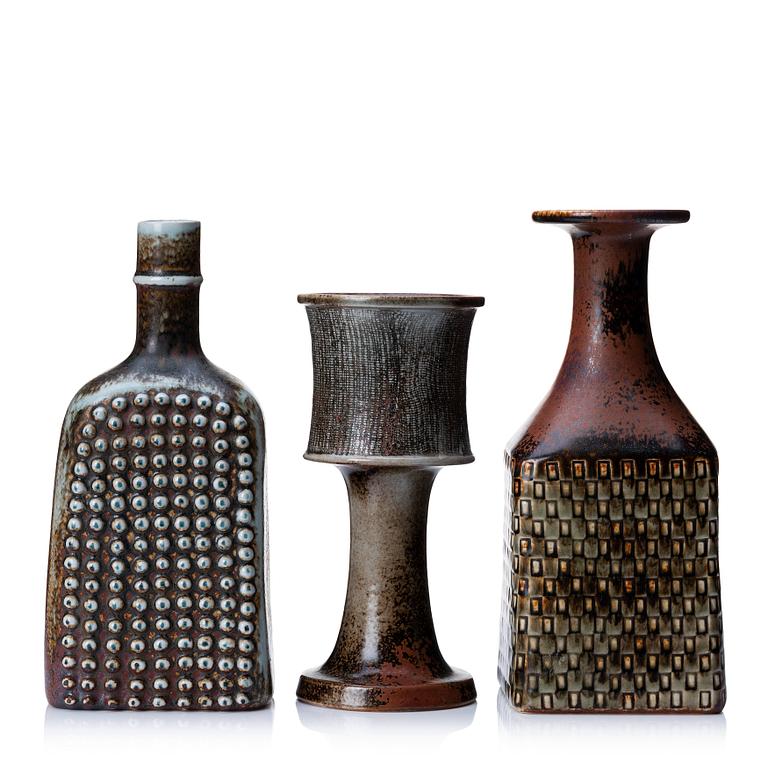 Stig Lindberg, three stoneware vases, Gustavsberg studio, Sweden 1967-70.