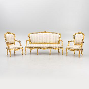 Sofa and a pair of armchairs, Rococo style, second half of the 20th century.