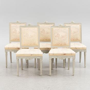 A set of five late-Gustavian chairs from Lindome, late 18th century.