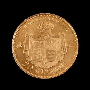 GULDMYNT, 20 kronor, Oscar II, 1873. Vikt ca 9 gram.