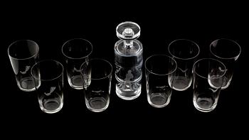 GROGGLAS OCH KARAFF, 9 delar, glas, Orrefors och Kosta, 1900-talets första hälft.