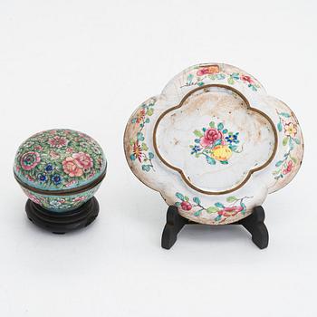 A tray and a lidded box, enamel on copper, Qing dynasty, late 18th century and 19th century.